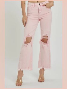 RISEN | 27 High-Rise Pink Distressed Wide-Leg Jeans - Women